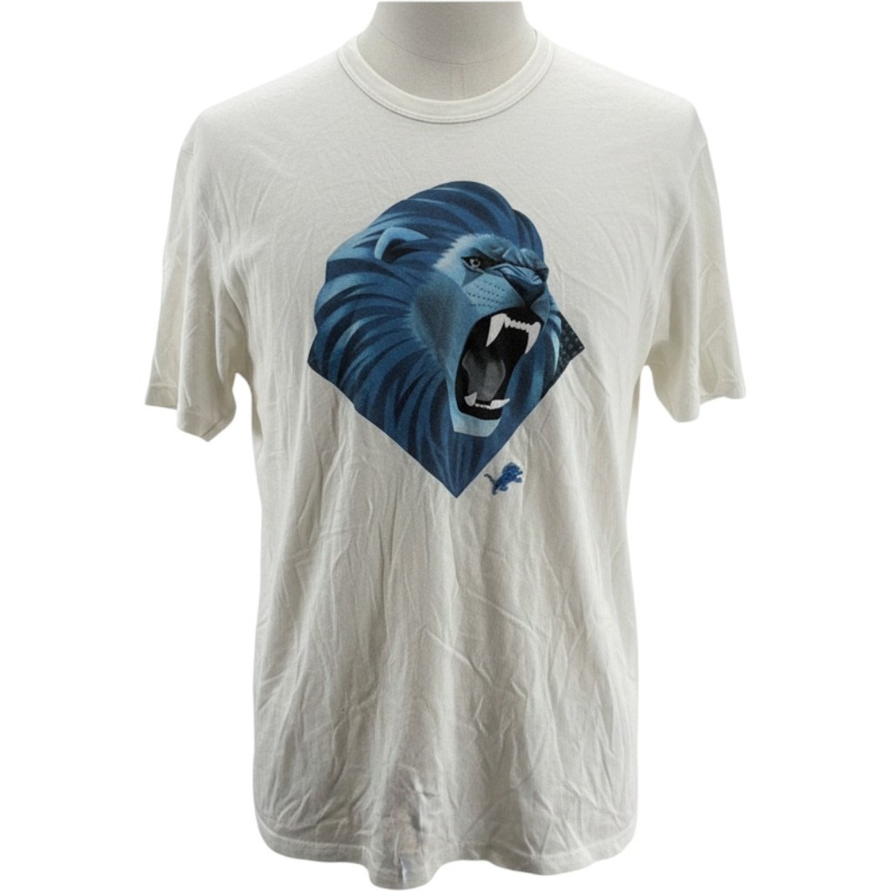 47 Brand Detroit Lions Men Large Off White Blue Roaring Lion Tee Shirt NEW